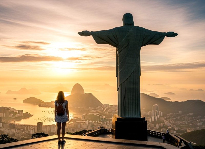 A woman stands at the base of the Christ the Redeemer statue in Rio de Janeiro, Brazil, at sunrise, overlooking the city. A breathtaking view of the city and surrounding landscape.